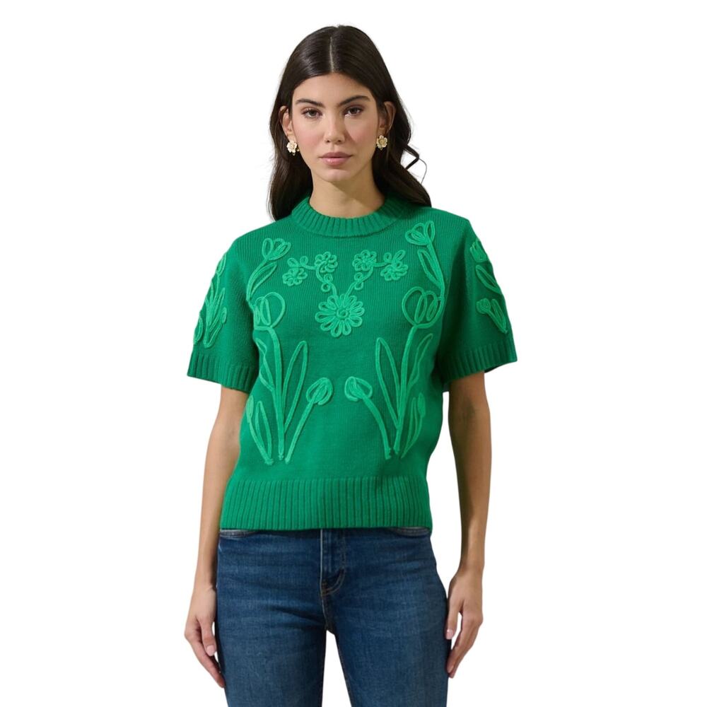 Green Floral Embroidered Short Sleeve Sweater Top – Textured Knit Sz XS - NWT